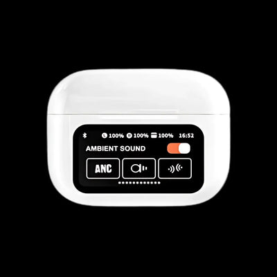 Pantalla del estuche: batería de cada audífono, hora y modos de sonido