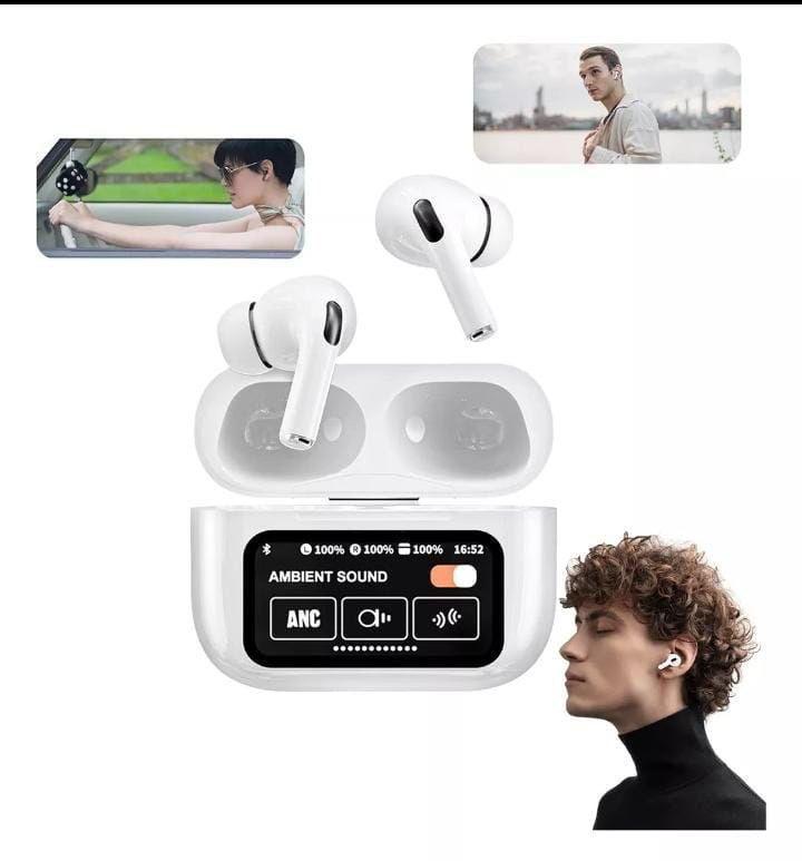 Audífonos en uso: estuche con pantalla táctil y personas usándolos al aire libre