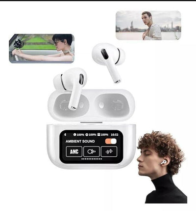 Audífonos en uso: estuche con pantalla táctil y personas usándolos al aire libre