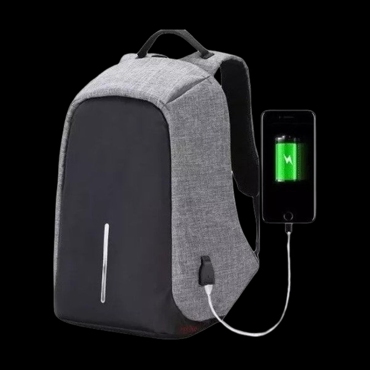 Mochila antirrobo con puerto USB cargando un teléfono