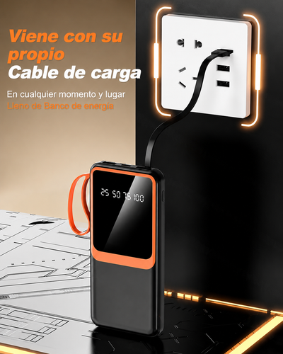 Powerbank con cable de carga integrado conectado a un tomacorriente
