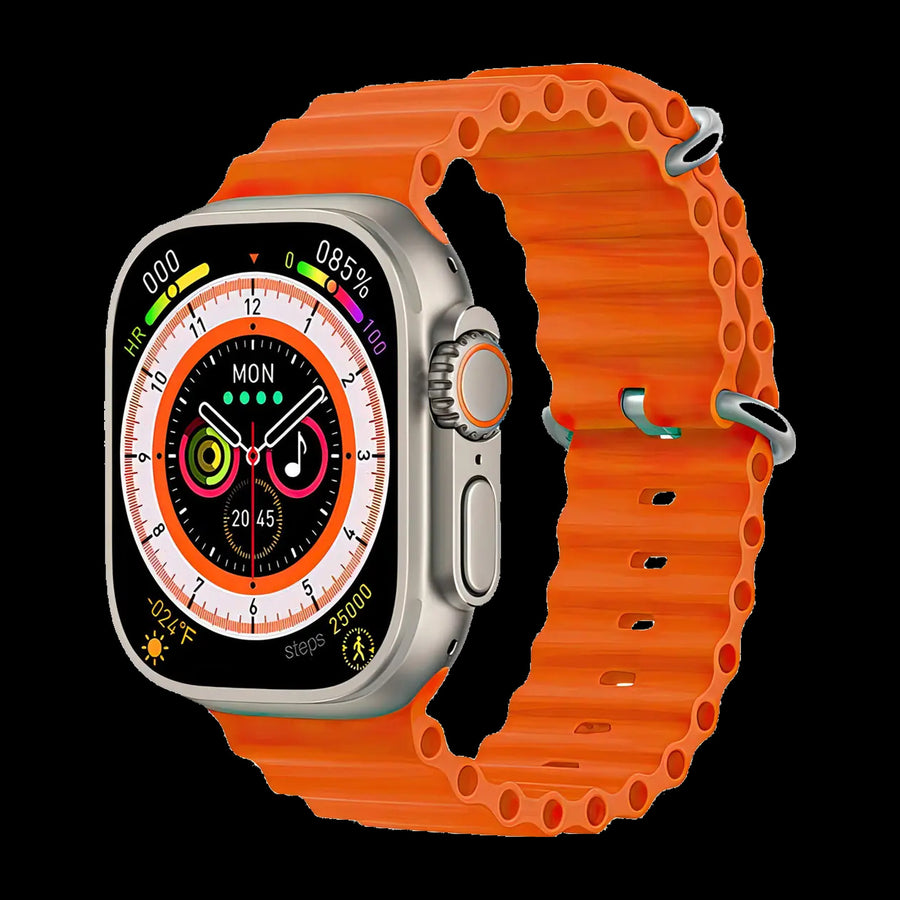 Smartwatch R500 deportivo: caja metálica con corona giratoria y correa de silicona naranja